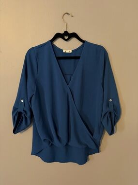 Womens Blue Surplice Blouse